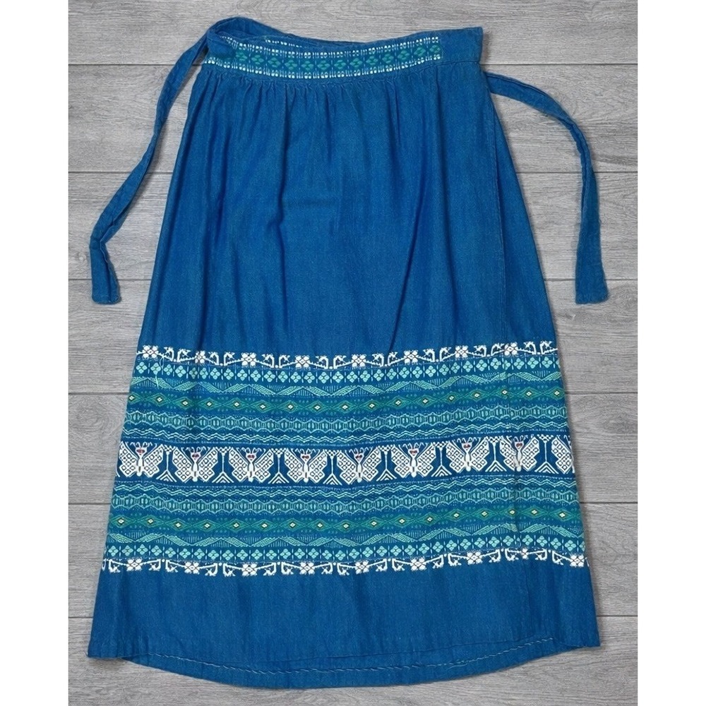 Hand Woven Guatemalan Mayan Textile Wrap Skirt Blue Butterfly Boho Size 14